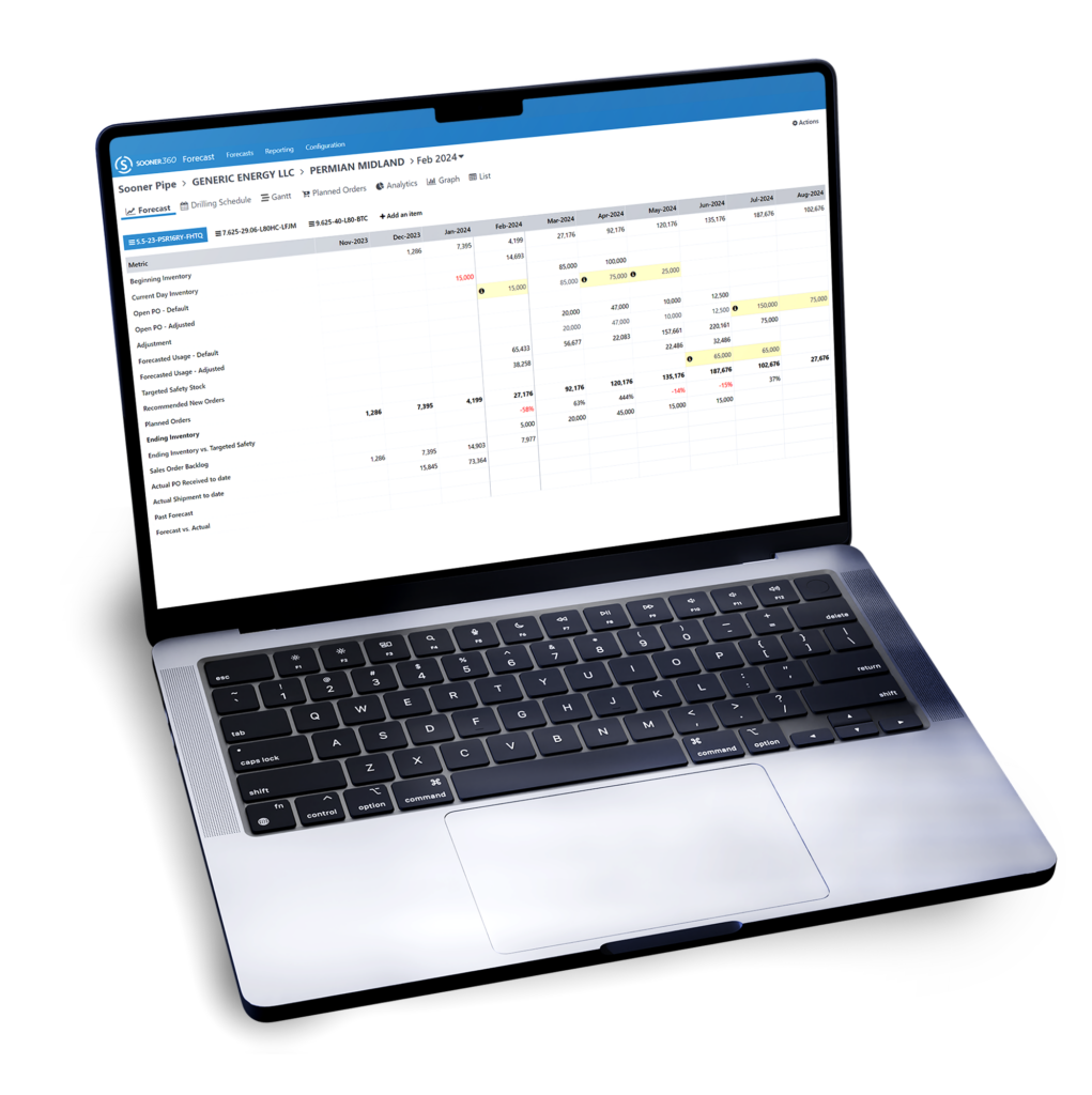 OCTG supply chain app, Sooner360, on laptop, ERP system module