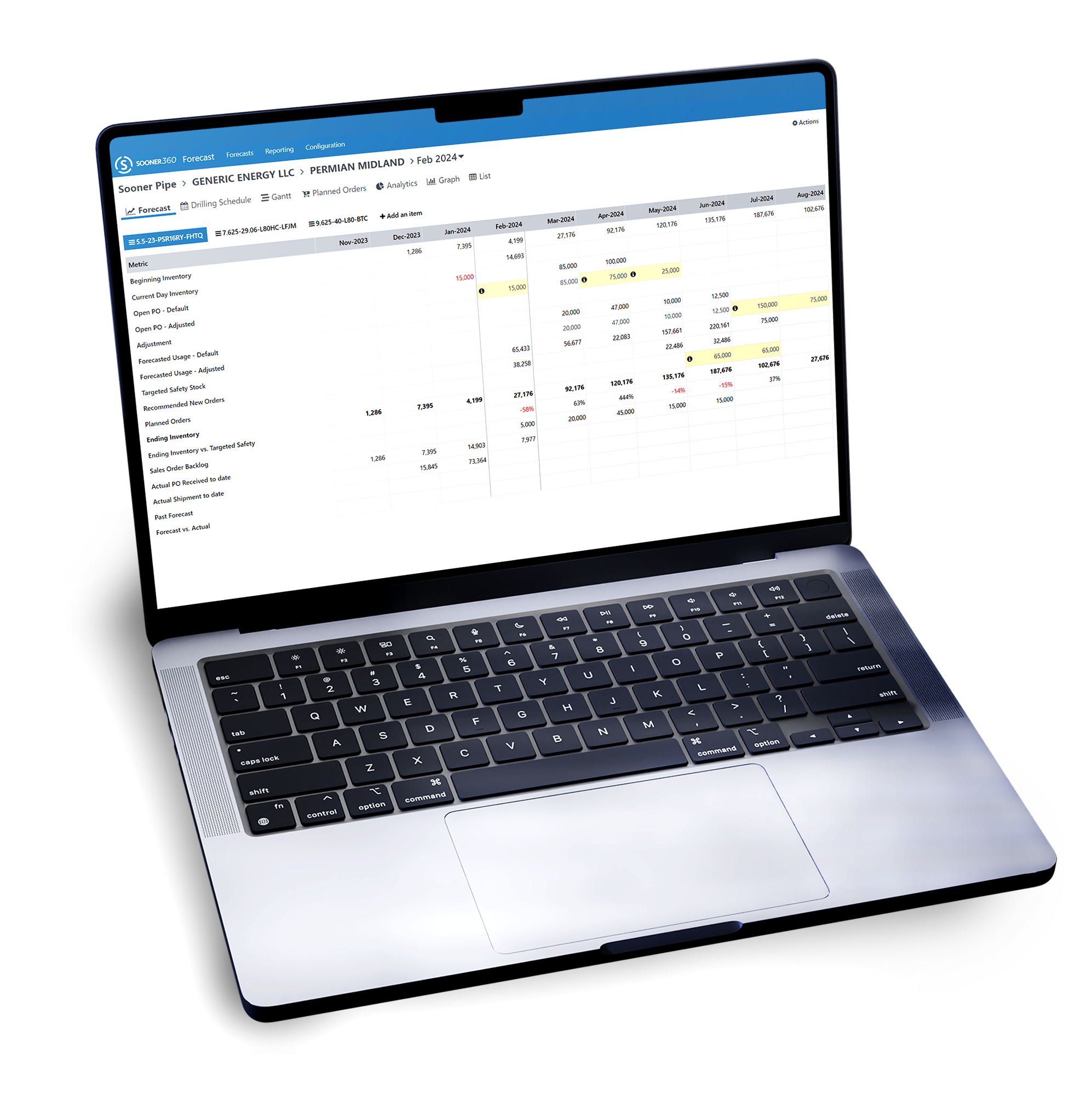 OCTG supply chain app, Sooner360, on laptop, ERP system module